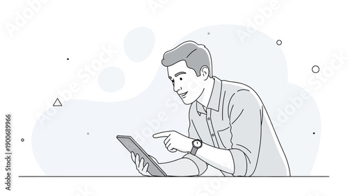 Man Working on Digital Tablet, Modern Lifestyle, Flat Design Illustration
