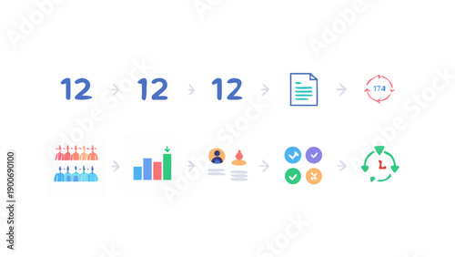 Corporate Workflow System Flat Icons, Minimal flat vector icons for corporate workflow systems, featuring project timeline, teamwork, and analytics dashboard concepts for business UI and presentations