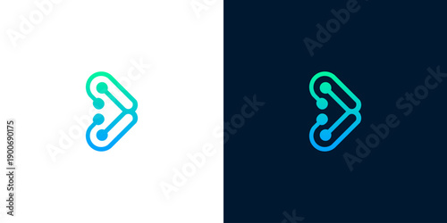 Abstract digital arrow icon with circuit board technology and network connections on white and dark backgrounds