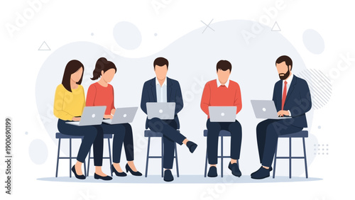 Diverse team collaborating on laptops in a modern office meeting