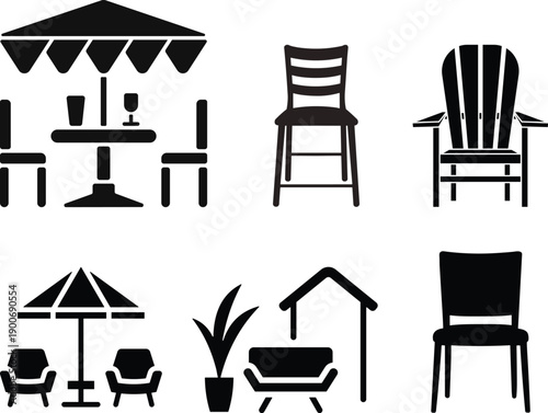 PrintOutdoor Garden and Beach Chair Silhouettes Vector, Deck Chair, Folding, and Adirondack Furniture Icons for Summer Design.Collection of antique furniture silhouettes including chairs tables