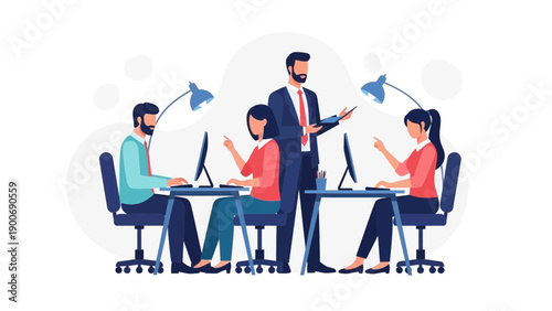 Teamwork in modern office: colleagues collaborating, manager leading, business meeting illustration