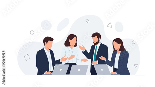 Diverse business team collaborating on laptops in a modern office, discussing ideas