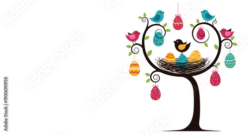 Vibrant Easter tree illustration with colorful patterned eggs hanging from swirling branches and small birds perched among green leaves.