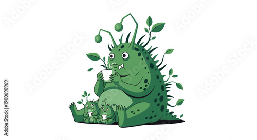 Detailed illustration of a large green monster with bioluminescent lures and plants growing on its back drinking coffee with two baby monsters.