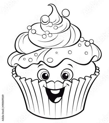 Coloring book for kids giggling cupcake vector Black vector illustration.