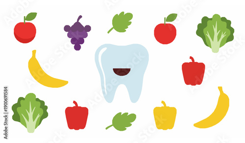 Cartoon healthy tooth surrounded by colorful fruits and vegetables vector illustration