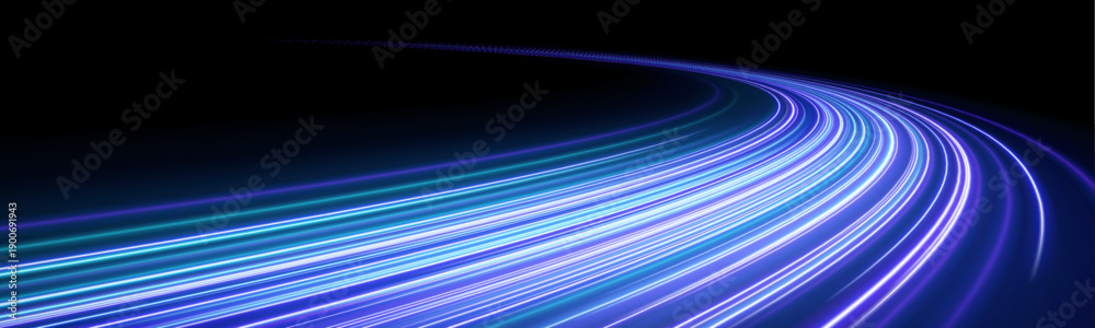 Obraz premium Turquoise and pink glowing lines sweep across the futuristic road, forming dynamic motion trails. Neon streaks enhance the high-speed effect. Ideal for racing, tech, or cyber visuals