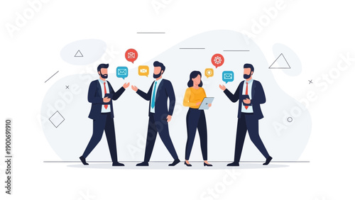 Business Team Discussing Ideas with Communication Icons