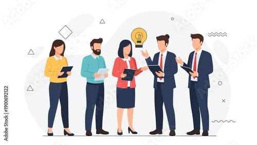 Business Team Discussing Ideas with Lightbulb Symbolizing Innovation and Collaboration