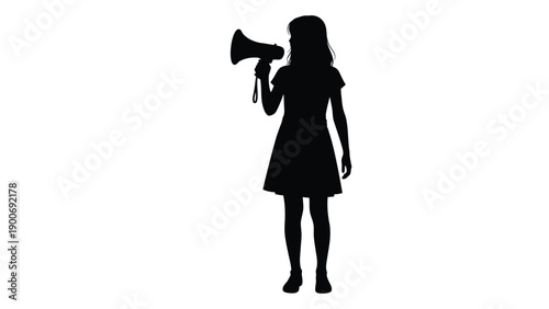 Silhouette of a woman speaking into a vintage megaphone isolated on white
