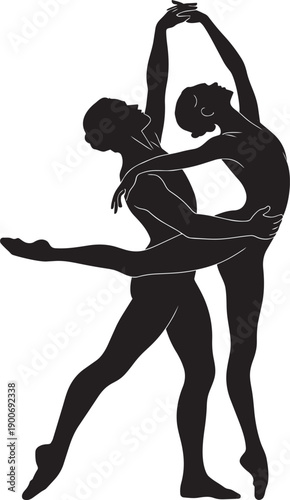 Silhouette of ballet dancers in dynamic pose on transparent background