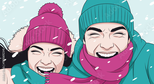 A joyful couple bundled in colorful winter hats and scarves laughs heartily with closed eyes as snowflakes gently fall around them, capturing a moment of pure happiness.