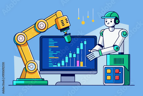 Modern vector illustration of a robot arm interacting with a digital trading screen showing candlestick charts and data analysis, AI finance assistantartificial intelligence, ai, robot, trading, stock