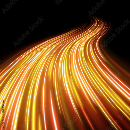 Intense tangerine motion lines burst across the frame with glowing heat and acceleration energy. A dramatic illustration of high-speed transport and light flow vector
