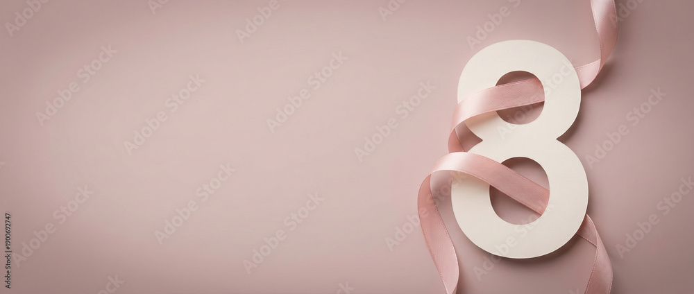 Fototapeta premium Women's Day features number 8 with pink ribbon, created AI
