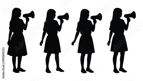 Four silhouettes of women holding megaphones arranged in a row