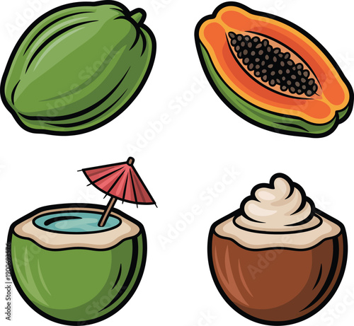 Vector illustration of green papaya whole and sliced accompanied by coconut drinks 