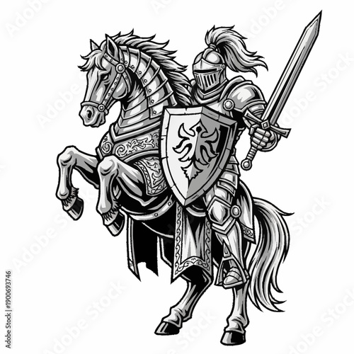 Detailed black and white illustration of a medieval knight in full armor, holding a sword and shield, riding a rearing horse.