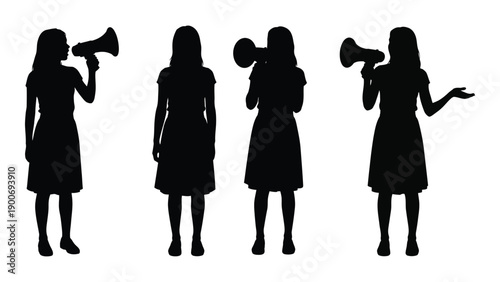 Four silhouetted figures broadcasting through vintage megaphones creating a rhythmic sequence