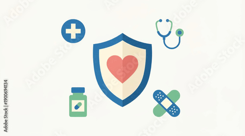 Medical insurance concept with shield protecting heart, plus sign, stethoscope, pill