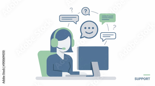 Customer support agent with headset and computer, online help and assistance
