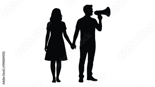 Silhouette of a couple with a man speaking into a megaphone