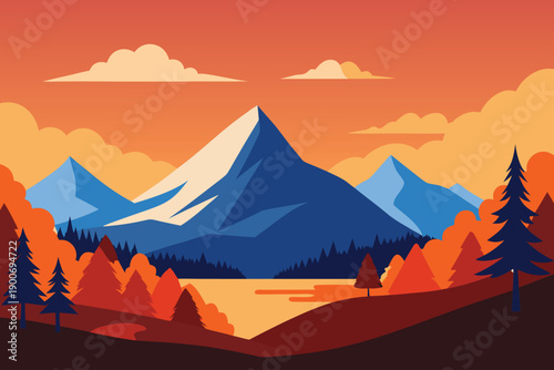 Sunset over mountain peaks with forest and clouds