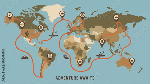 World map with adventure path, pins, compass, and outdoor activity icons