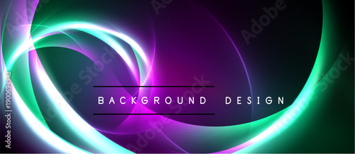 Abstract vibrant design features swirling neon lights. Purple, teal, white hues blend creating dynamic visual effect. Background text reads background design.