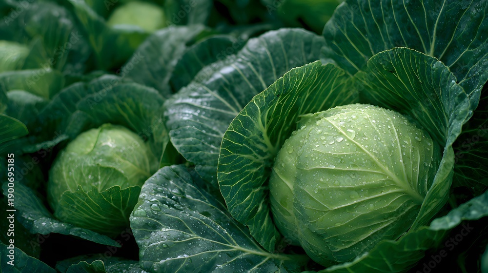 Fototapeta premium Fresh Green Cabbage Heads Growing in a Lush Garden, Healthy Vegetables.