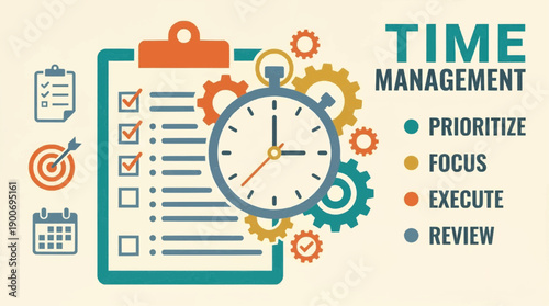 Time management concept with checklist, clock, gears, and action words like prioritize, focus