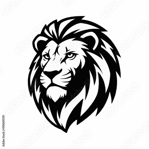 Majestic black and white vector illustration of a lion's head with a powerful and regal expression.