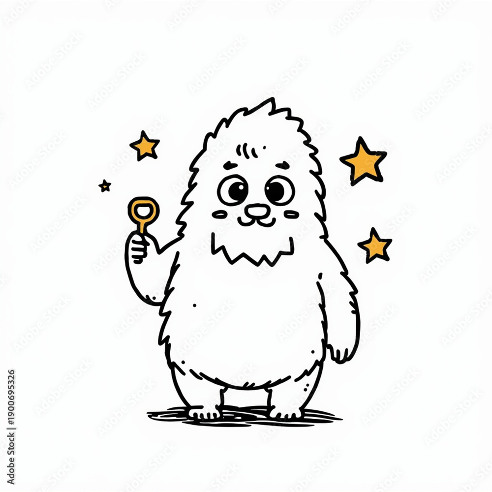 Obraz premium A cartoon yeti holding a magnifying glass surrounded by stars
