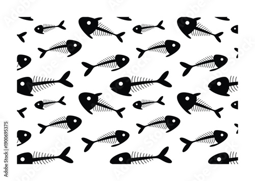 Vector illustration Black Fish Skeletons Pattern on White Background