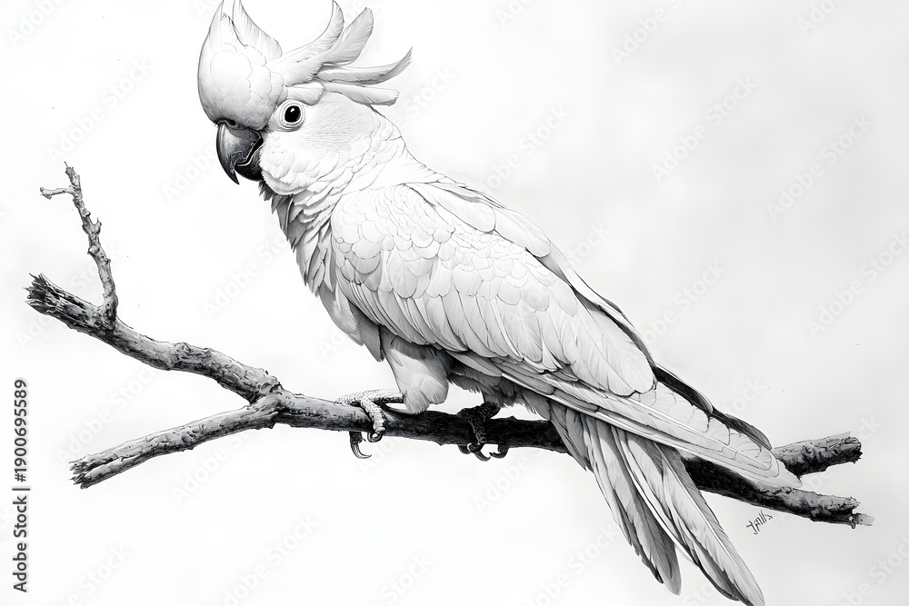 Fototapeta premium Cockatoo pencil illustration with textured feathers perched picture