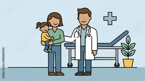 Doctor with Family and Child at Clinic, Healthcare Concept Illustration