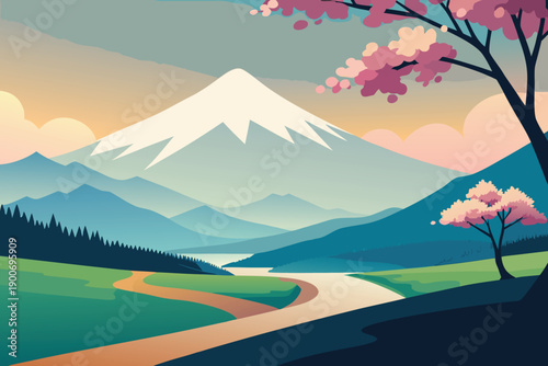 Mountain and forest landscape with clouds and sunrise view