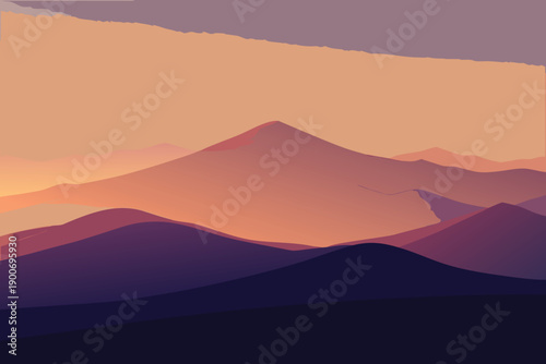 Sunset over a mountain landscape with orange sky and misty hills