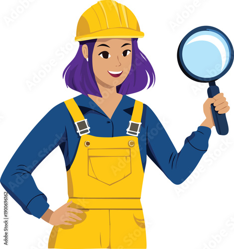 Quality control search concept – female industrial worker holding giant magnifying glass