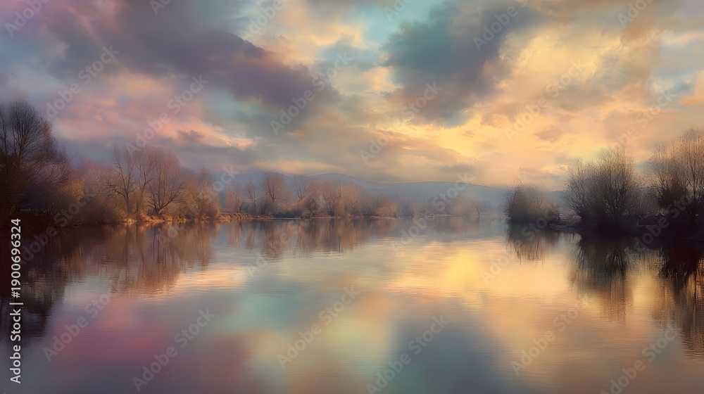 Fototapeta premium Serene Waterscape - A Captivating Reflection of the Skys Colorful Embrace at Sunset.