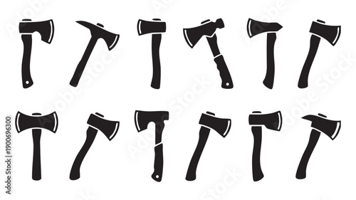 Black Vector Axe Icon Set - 12 Diverse Axe & Hatchet Silhouettes for Design