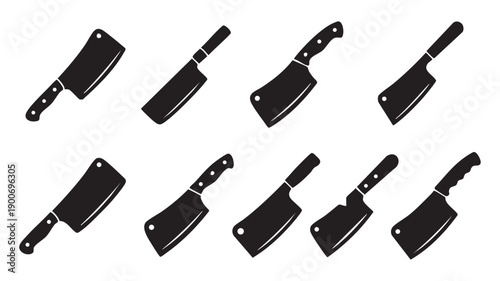 Black Vector Cleaver Icon Set - 10 Butcher & Kitchen Knife Silhouettes
