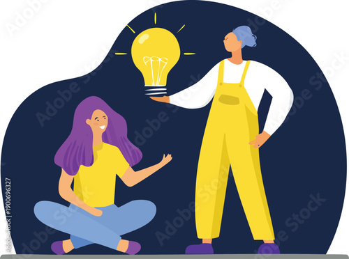 Idea sharing concept – woman showing glowing lightbulb solution to listening friend