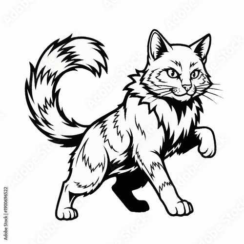 Black and white illustration of a fluffy cat with a raised paw and bushy tail, looking forward.