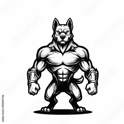 A strong, muscular dog character standing upright in a powerful pose, black and white illustration.