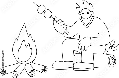 A young man sits near a fire and cooks marshmallows on a stick in memphis style, full size, hand drawn with black, curved grunge lines