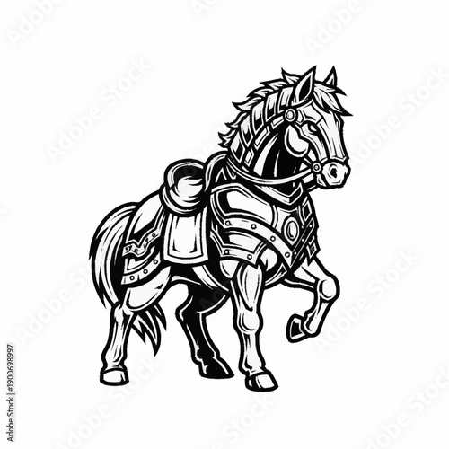 Majestic armored horse illustration in black and white, depicting a powerful warhorse with intricate barding and saddle, ready for battle.