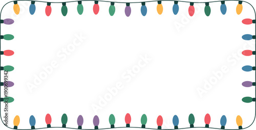 A charming wavy border of multicolored string lights shines against a crisp white background