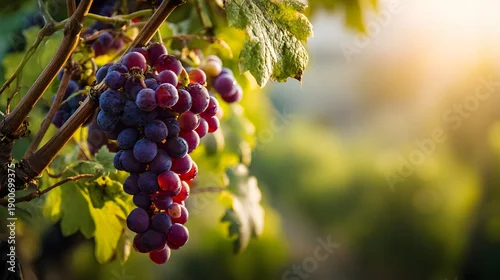 Fototapeta Close-up of a Bunch of Ripe Grapes Hanging on the Vine in the Vineyard.
